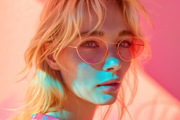 beach sunset portrait, beautiful blond woman on soft, colorful beach with neon sun shadows casting vibrant pink, blue, and turquoise hues under warm sunshine