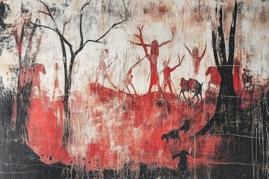 Closeup of the ancient rock paintings on the walls inside the caves of Bhimbetka, India, Asia