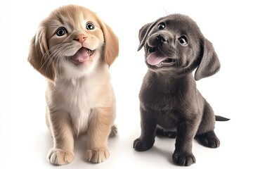 Obraz premium Two playful puppies, one golden and one black, sitting together with joyful expressions on a white background