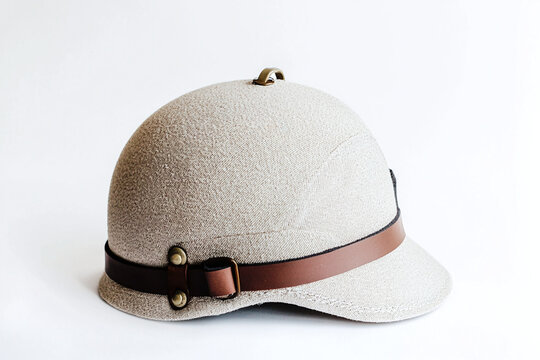 weathered explorer's pith helmet showing authentic wear, clean white backdrop