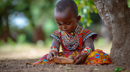 Kenyan child in traditional Kikuyu dress exploring nature in a village setting during daylight hours