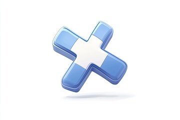 Obraz premium 3D Blue Medical Cross Symbol Floating on a White Background with Soft Shadows