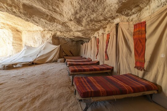 In a traditional Matmata cave dwelling, the Berber bedroom is cozy and simple, with a double bed for adults and two wooden beds for children, surrounded by vibrant and colorful textiles and