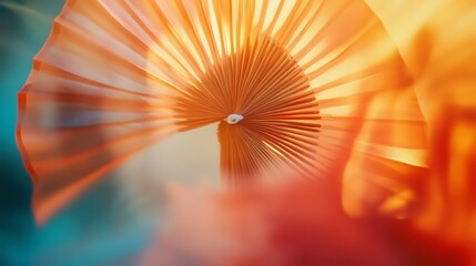 A close-up of a colorful umbrella resembling a vibrant sunrise, with its folds and hues blending dynamically, creating an impression of warmth and energy.