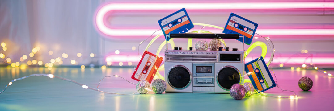 80s Retro Boombox Cassette Tapes Neon Lights Party
