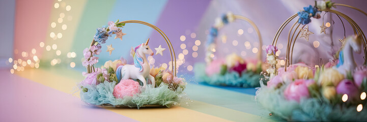 Magical Unicorn Flower Arrangement Pastel Rainbow Background Fairy Lights Gold Hoops