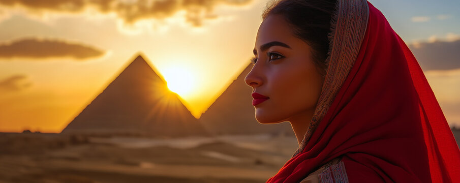 Egyptian woman in traditional galabeya observes sunset near the pyramids of Giza in the evening