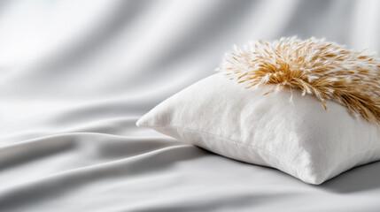 White linen pillow with a fluffy, golden decorative element. Soft, cozy textures.