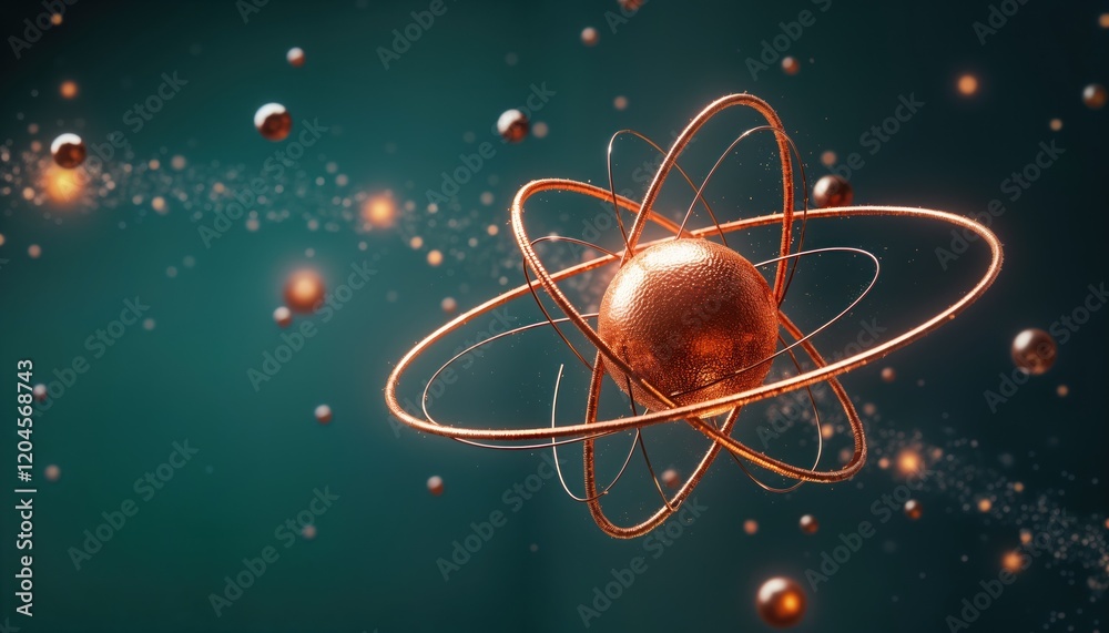 Poster Copper colored atomic model shows nucleus with electrons orbiting in fixed paths. Elegant design. Modern tech style. Science concept. Abstract image. Educational illustration. Creative art piece.