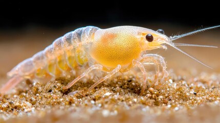 Transparent crayfish on sand, underwater macro shot; nature, aquarium use
