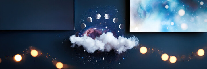 Fototapeta premium Celestial Dreamscape Moon Phases Galaxy Clouds Lights