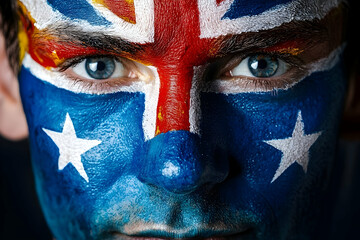 Close-up face paint, Australian flag, intense gaze, dark background, sports event.