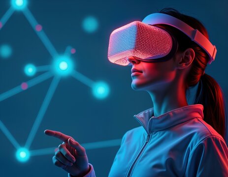 Young woman uses VR headset in futuristic setting. Woman interacts with glowing neon network. Virtual reality technology concept. Futuristic network connected to woman. Abstract, modern design. Woman