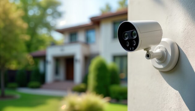 Modern security camera mounted on exterior house wall. Homeowner installs tech for home security. Property owner enhances safety measures. Smart tech protects residential property. Prevent crime,