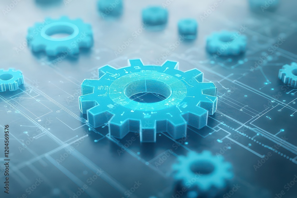 Poster intricate blue gearwheel embedded in a complex circuit surrounded by interconnected gears showcasing