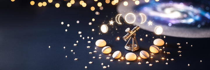 Naklejka premium Mystical Night Sky Telescope Moon Phases Stars