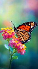 Fototapeta premium Vibrant Monarch Butterfly on Lantana Flower