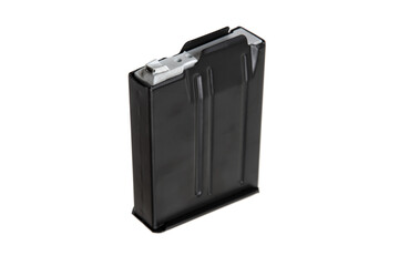 A black metal firearm magazine, isolated on a white background, showing top and side details