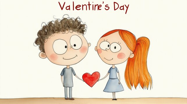 Cheerful boy and girl joyfully holding big red heart, Valentines day