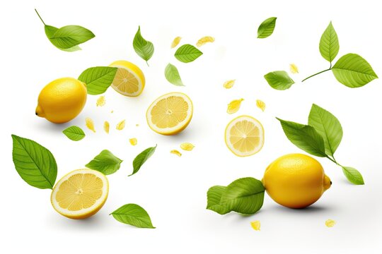 High resolution image of lemons with leaves floating isolated on white background representing levitation or zero gravity in food