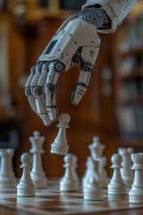 In a high-tech modern research laboratory, a stock manipulates a futuristic robotic arm to move a pawn in a game of chess against a human. This action is depicted in a close-up vertical shot.