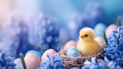 Cute chick in nest with colored eggs on light pastel blurred background with lights and flowers. Poultry farm, farming and eco food. Easter and spring holidays concept with copy space
