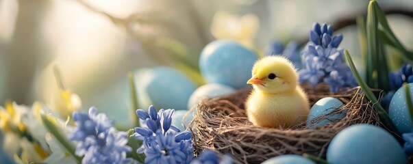 Cute chick in nest with colored eggs on light pastel blurred background with lights and flowers. Poultry farm, farming and eco food. Easter and spring holidays concept with copy space