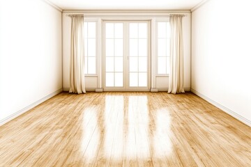 Bright and spacious empty room with wooden flooring and large windows letting in natural light