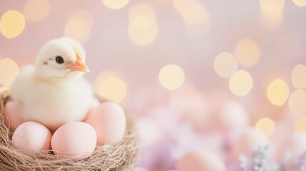 Cute chick in nest with colored eggs on light pastel blurred background with lights and flowers. Poultry farm, farming and eco food. Easter and spring holidays concept with copy space