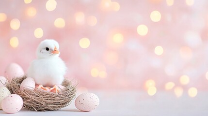 Cute chick in nest with colored eggs on light pastel blurred background with lights and flowers. Poultry farm, farming and eco food. Easter and spring holidays concept with copy space
