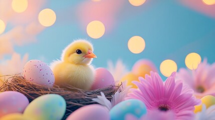 Cute chick in nest with colored eggs on light pastel blurred background with lights and flowers. Poultry farm, farming and eco food. Easter and spring holidays concept with copy space