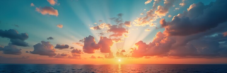 Fototapeta premium Sunset scene over calm sea. Vivid colors on sky, clouds. Sunbeams radiate through clouds. Peaceful, beautiful nature background. Colorful cloudscape. Stunning seascape. Perfect for summer, evening,