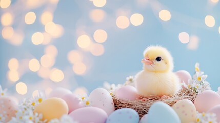 Cute chick in nest with colored eggs on light pastel blurred background with lights and flowers. Poultry farm, farming and eco food. Easter and spring holidays concept with copy space