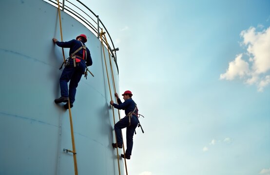 Two men in safety gear climb tall storage tank using ropes for inspection. Industrial workers perform high-risk maintenance on propane tank. Focus on checking thickness of metal shell. Outdoors on