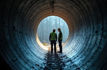 Two male engineers in safety vests, helmets inspect equipment inside large underground tunnel. Stand in confined space, look at industrial equipment. Tunnel dark but not completely dark place.
