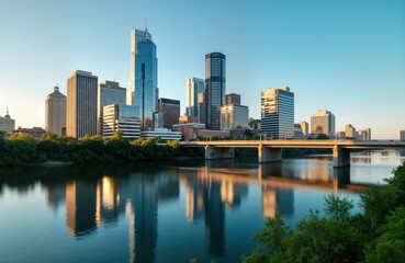 Fototapeta premium Beautiful Austin skyline reflected on the Colorado River at sunrise. Modern buildings line the riverbanks. A bridge spans the water. Urban landscape. Scenic view. Cityscapes. Texas. America.