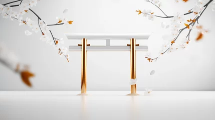 Fotobehang Serene white torii gate with golden accents, adorned by delicate cherry blossoms. Minimalist aesthetic. © Premium_art
