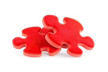 Two vibrant red puzzle pieces placed on a clean white background, symbolizing connection and problem-solving