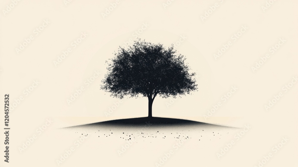 Poster Silhouette of a solitary tree on a gentle hill with a soft, muted background during an overcast day. Generative AI