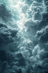 landscape photography, an exceptional full-frame shot of a cloudy gray sky with subtle sunbeams and intermittent glimpses of blue, captured with a mm lens
