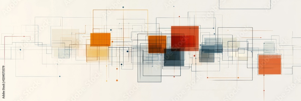Fototapete Abstract geometric design with overlapping squares and rectangles in various colors on a light background. Generative AI