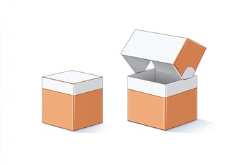 Obraz premium Two orange and white cardboard boxes, one open and one closed, on a clean background