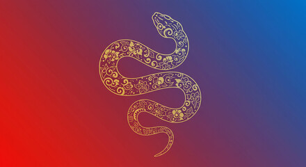 Ornate Golden Snake Design on Red and Blue Gradient Background Floral Pattern Reptile Illustration