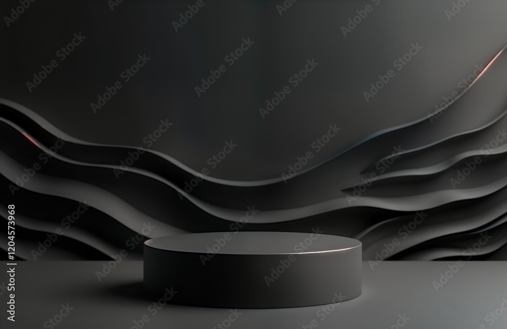 Poster empty dark gray podium for product presentation. modern design. abstract wavy background. minimalist