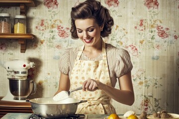 Woman Preparing Food In Kitchen With Retro Style Apron and Hairdo Holding Utensil