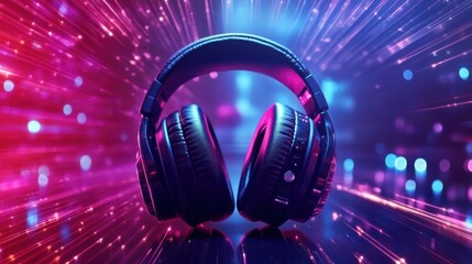 A pair of black wireless headphones is displayed against an abstract light background