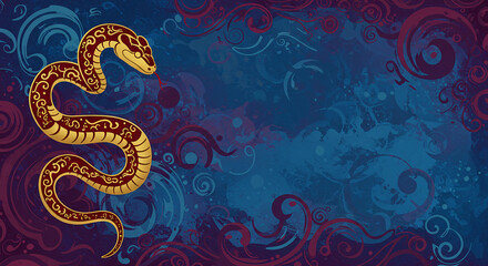 Obraz premium Ornate Golden Snake on Abstract Swirling Blue Background Artistic Reptile Design