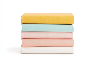 Stacked colorful kitchen towels in pastel shades arranged neatly on a white background