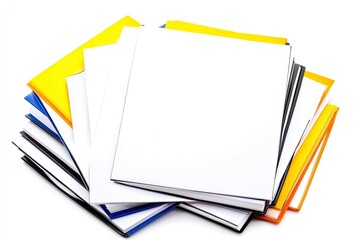 A colorful stack of blank notebooks arranged in a chaotic pile on a white background