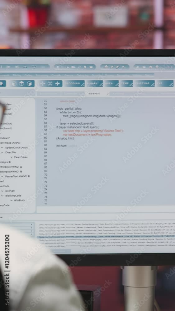 Fototapete Vertical video Woman in home office looking at UI on PC screen, typing and executing programming code. Coding application UI used by IT developer writing and testing code in modern apartment, camera B